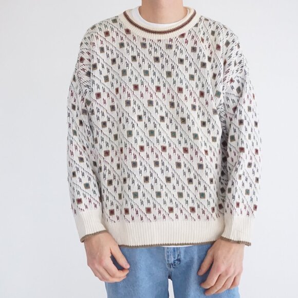 VTG Expressions Ivory Cotton Patterned Knit Retro Cabincore Eclectic Sweater L - Picture 1 of 12